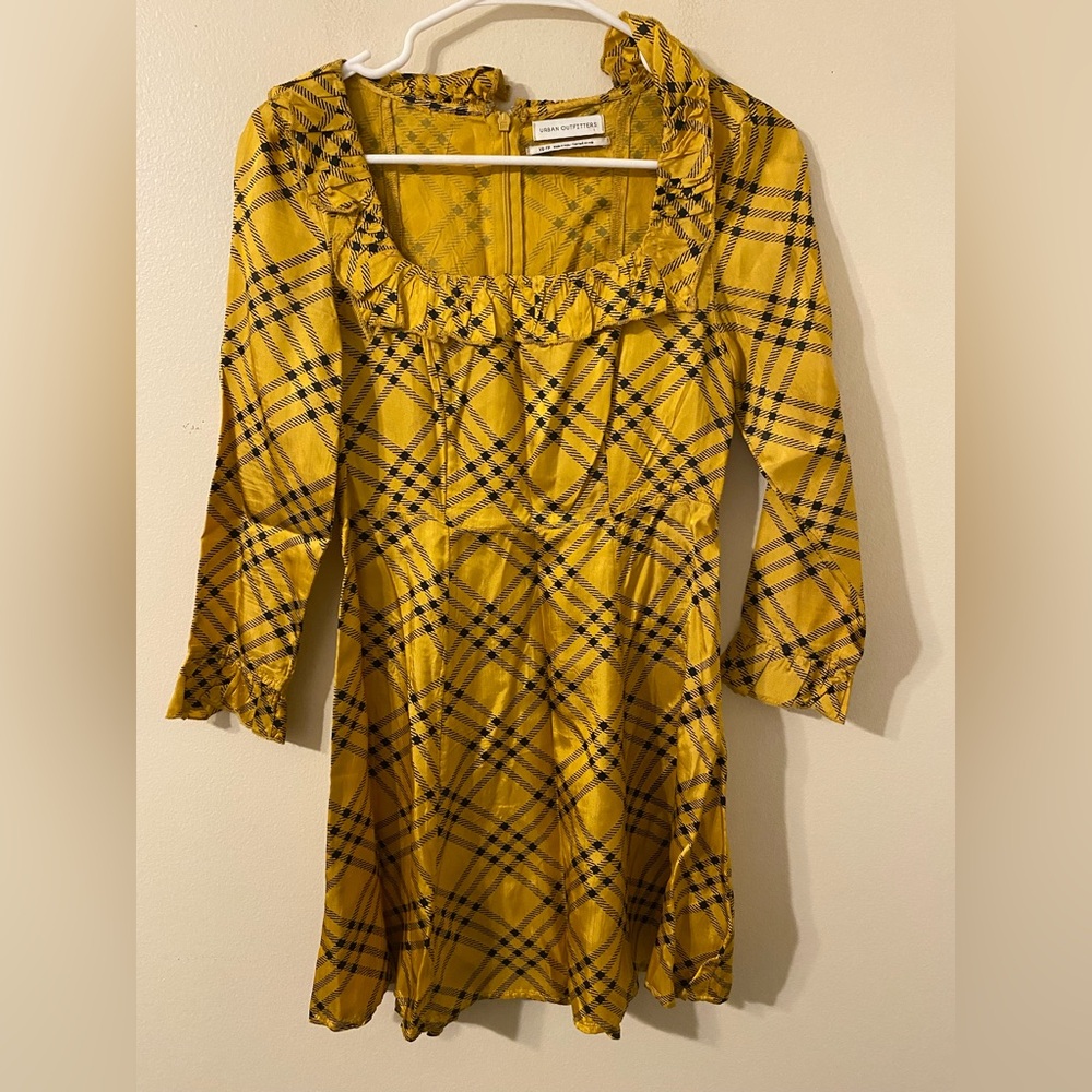 Urban Outfitters Kristen Plaid Ruffle Square-Neck Dress Yellow Black Size XS
